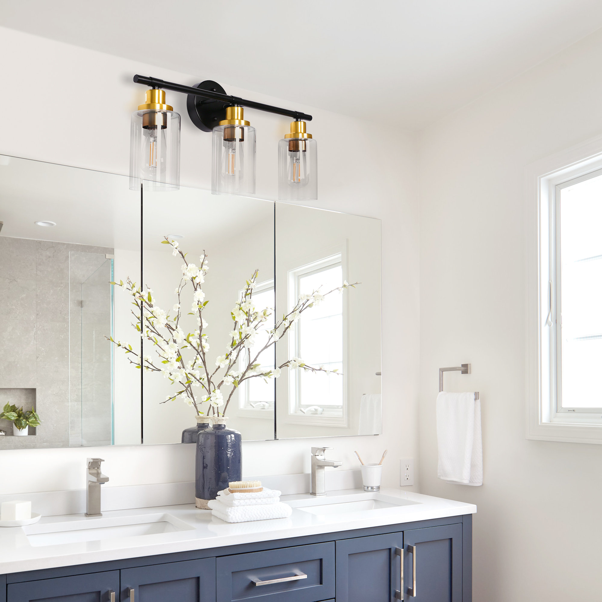 22 in. 3-Light Modern Black Bathroom Vanity Light Farmhouse Wall Sconce  with Clear Glass Globe Shades