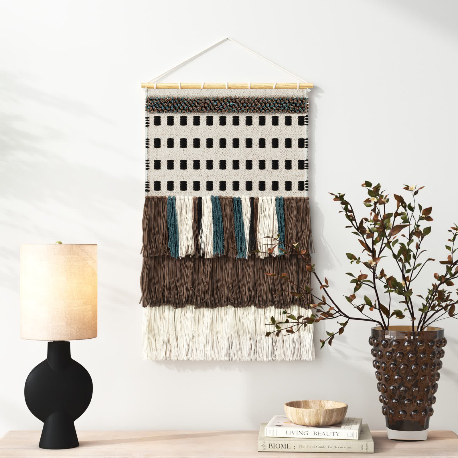 Maride Blended Fabric Wall Hanging with Rod, Brown/Light Beige/Black/Deep Teal/Cream