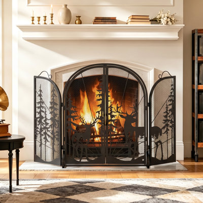 Black Metal 3 Panel Metal Fireplace Screen with Doors, Deer Pattern Fire Guard