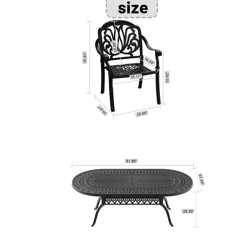 Ensemble de mobilier de jardin 9 pièces en aluminium moulé, structure noire, coussins bruns, design élégant, dossier et siège confortables, empilable pour un rangement facile, coussins résistants aux UV