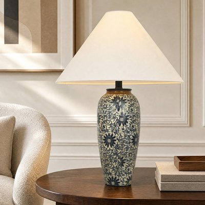 1-Light Modern Porcelain Round Table Lamp with Pleated Linen Shade, Blue and White for Reading Nook