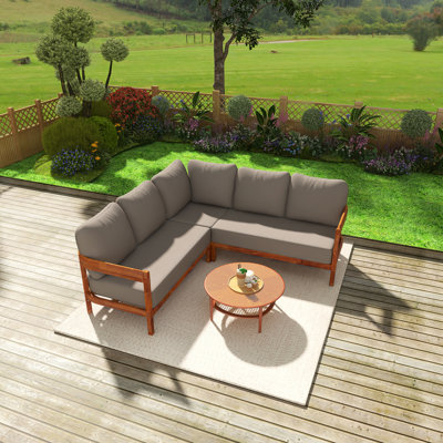 Ensemble de conversation pour patio en bois massif Acacia, canapé d'extérieur toutes saisons avec structure en arc, comprenant 6 coussins de siège moelleux