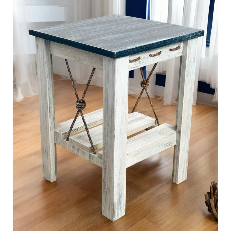 Table de bout 17 carrés en bois avec tablette à lattes et corde nouée, H 23 po x l 17 po x P 17 po, Brun