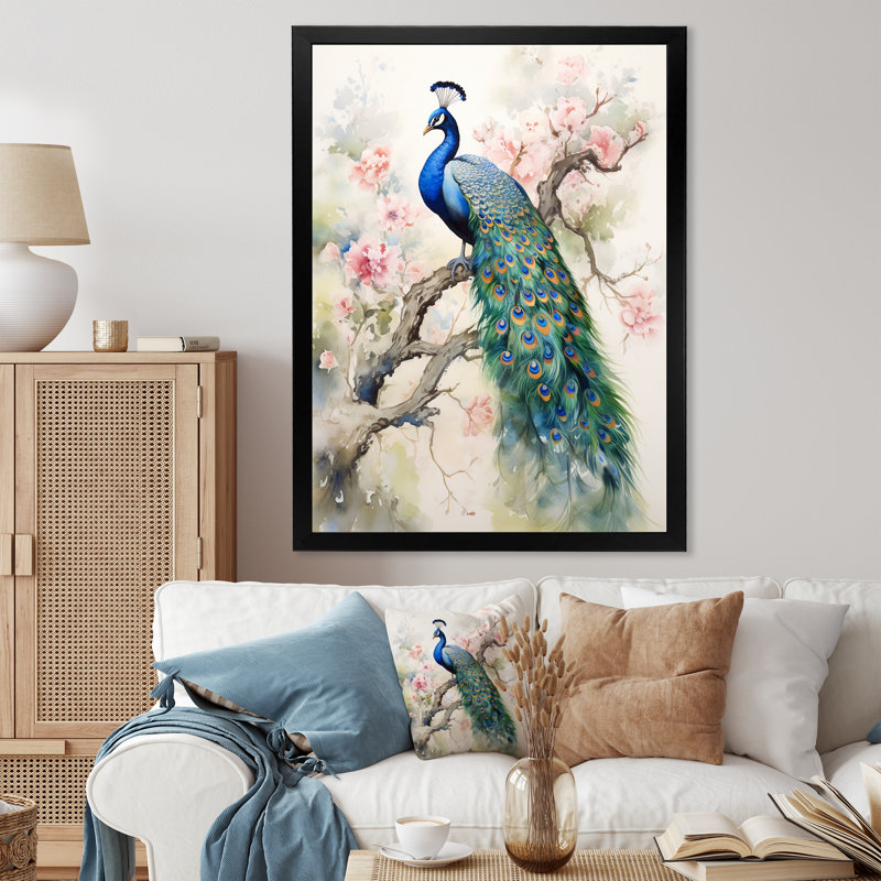 «Badrulla Blue Ink Wash Peacock I», reproduction d'art sur toile, H 32 po x l 24 po, Cadre photo noir