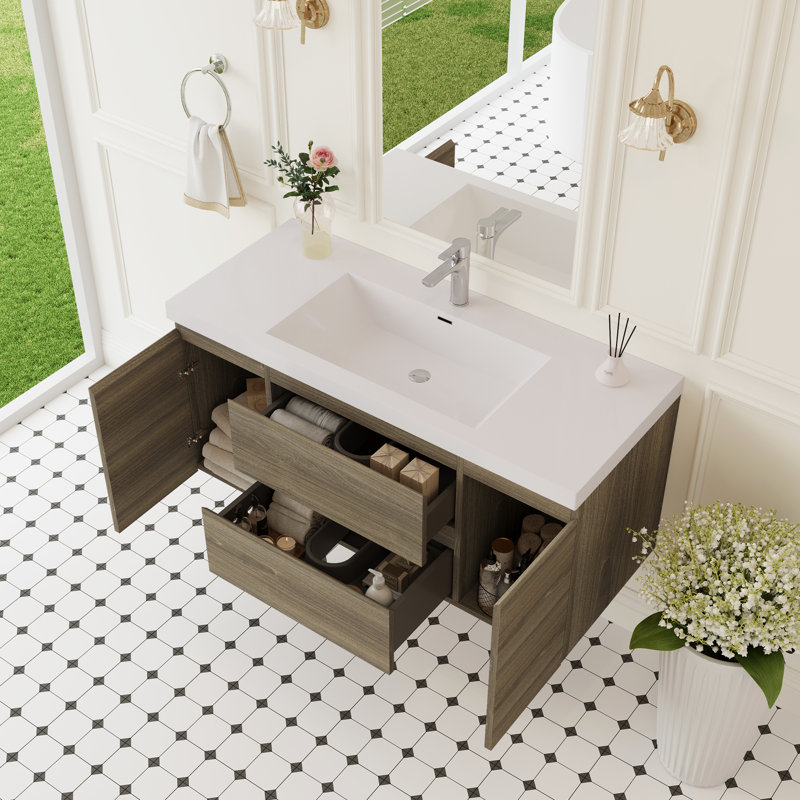 Armoire de salle de bain flottante murale moderne entièrement assemblée de 48 po avec lavabo à surface solide et tiroirs à fermeture en douceur avec lavabo