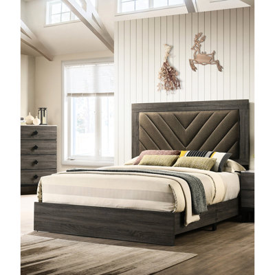 Lit très grand moderne avec tête de lit tapissier en bois de style rustique gris et tissu de style contemporain