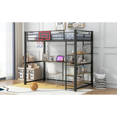 Lit mezzanine simple en métal avec tablettes, bureau, cerceau - option artistique glamour noir