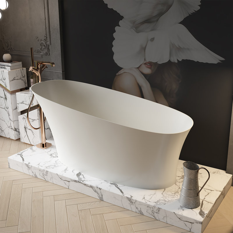 67 po. X 30 po. Baignoire de trempage autoportante à fond plat avec trop-plein blanc mat, H 67 po x l 30 po