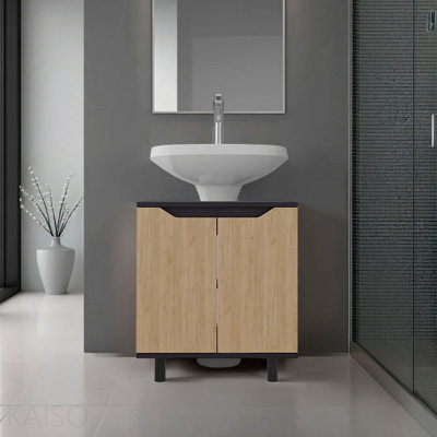 Under Sink Cabinet With Two Doors And Interior Storage Shelves, Cut-Out Back, Black, Natural Oak ( No Sink )