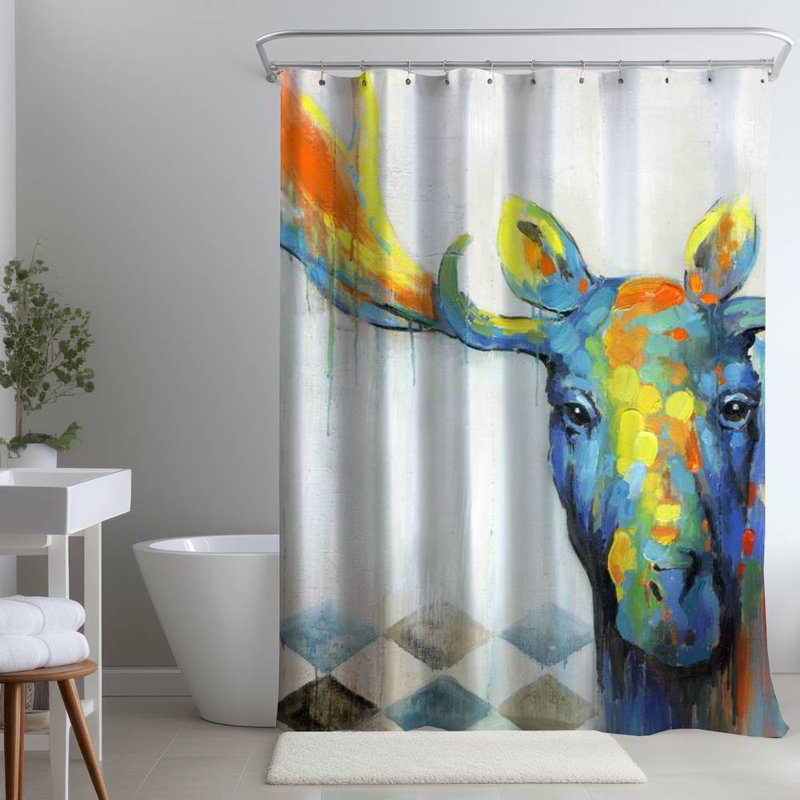 Blue Deer – Colorful Abstract Moose Décor – Polyester Shower Curtain, Dye Sublimation Print, 71" W × 74" L