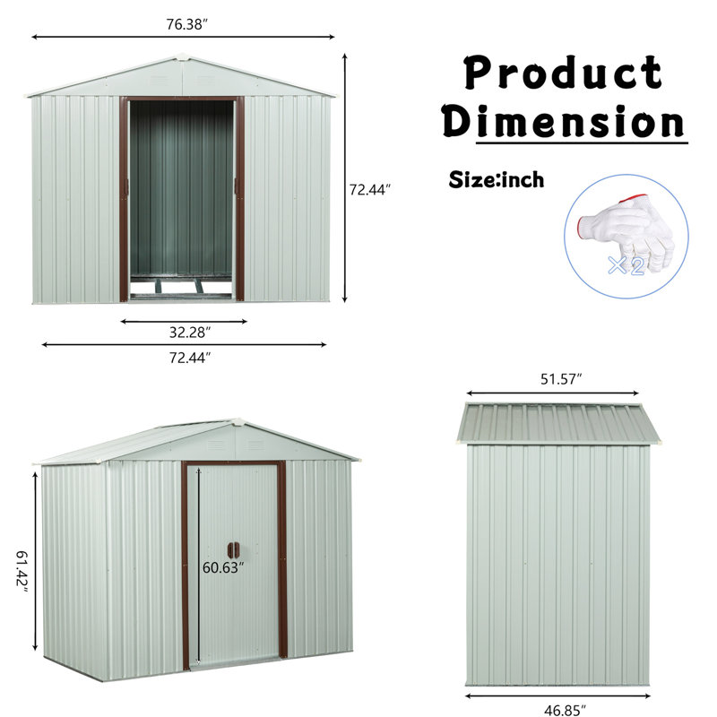 Remise de rangement extérieure en métal de 6 pi x 5 pi en blanc - structure en fer galvanisé, surface protégée, évents aérés, porte coulissante avec cadenas, cadre d'instructions d'assemblage facile pour la robustesse, panneaux, perforé