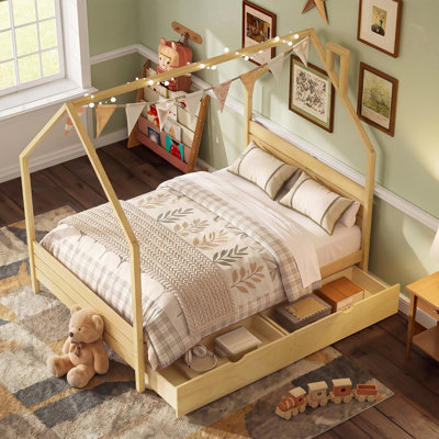Structure de lit double pour enfant avec tête de lit Montessori, 2 tiroirs de rangement, aucun sommier nécessaire, assemblage facile, bois naturel