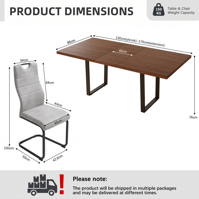 Extendable Dining Table Set for 6, 130-170 cm Extendable Walnut Tabletop, Metal U-Shaped Base with Fabric Chairs, Modern Style Table Set for Dining Room Kitchen