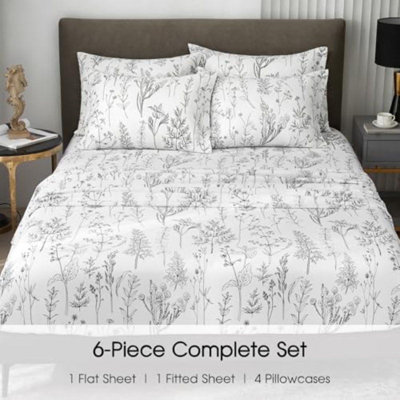 Ensemble de draps pour très grand lit 6 pièces, feuilles à motif floral blanc et noir, White Abstract