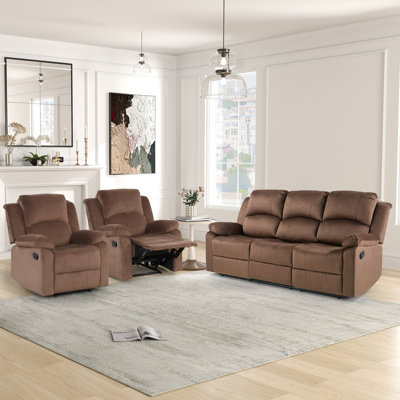 Llanos 3 Piece Comfortable Microfiber Manual Recliner Living Room Set with 2 Skin-friendly Recliners & Elegant Sofa