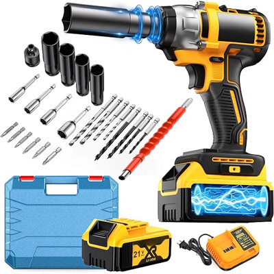 Perceuse à percussion sans clé robuste sans brosse et clé à couple 350N / M, vitesse en continu, ensemble d'outils multiples 3 en 1 avec 1 pile, douilles et étui de transport robuste