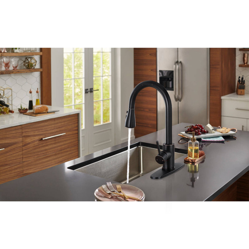 Robinet de cuisine rétractable à poignée simple avec douchette, Bronze huilé