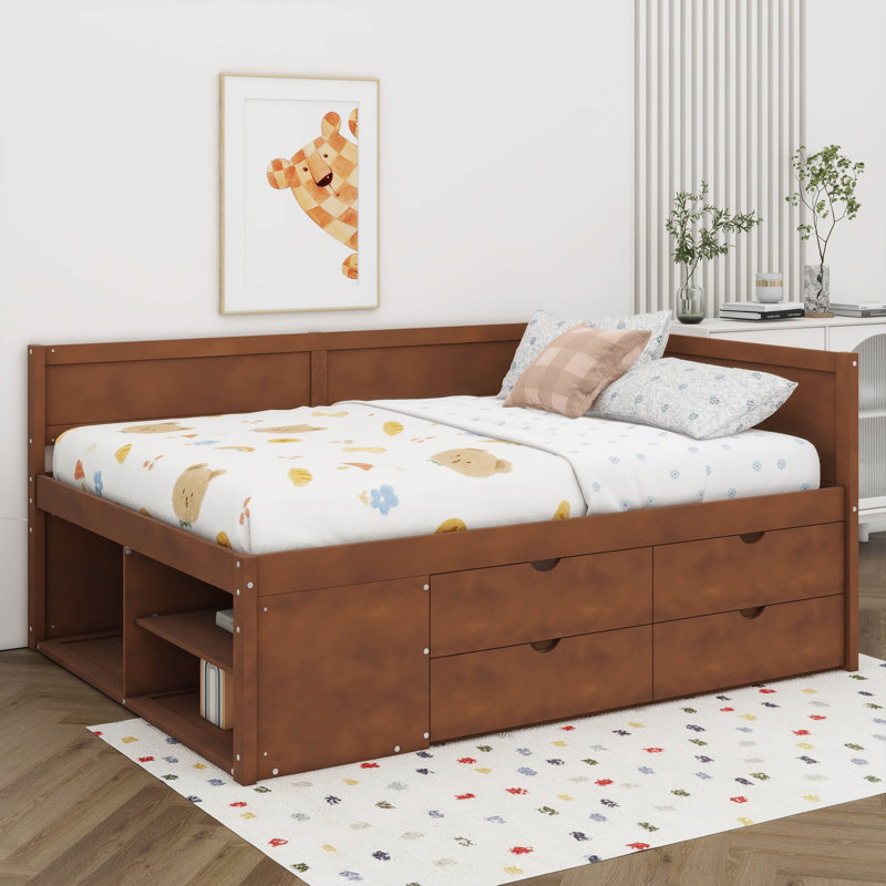 Daybed With Drawers And Shelves，Platform Bed,Bed Frame,Storage Bed, Walnut, Twin