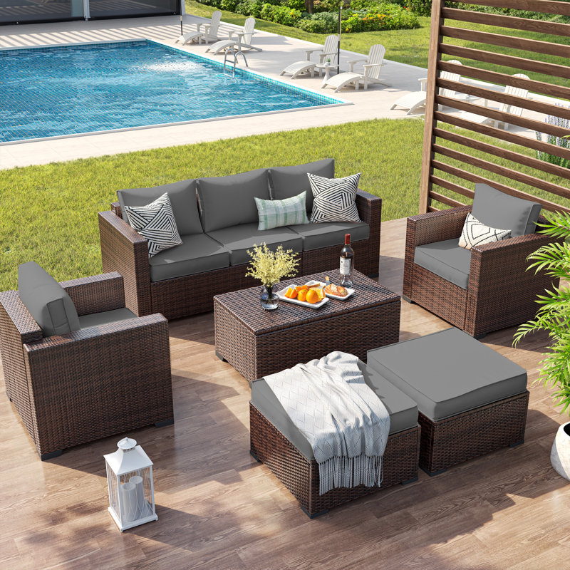 Wicker Sofa Seating Group with Storage Deck Box and Ottomans, Gray