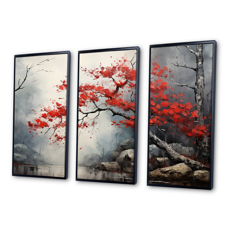 Fiery Red Maple Tree II - ensemble d'art mural sur toile érable, H 28 po x l 36 po, Cadre flottant noir