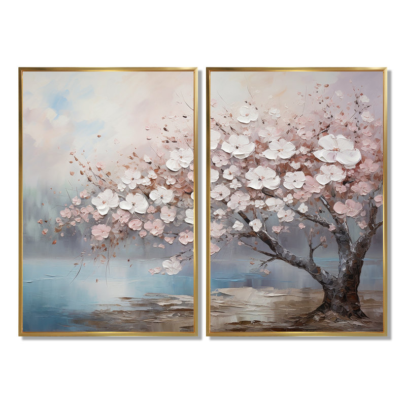 Fleur de cerisier rose et gris I - art mural traditionnel, H 36 po x l 48 po, Impression encadrée flottante, Doré