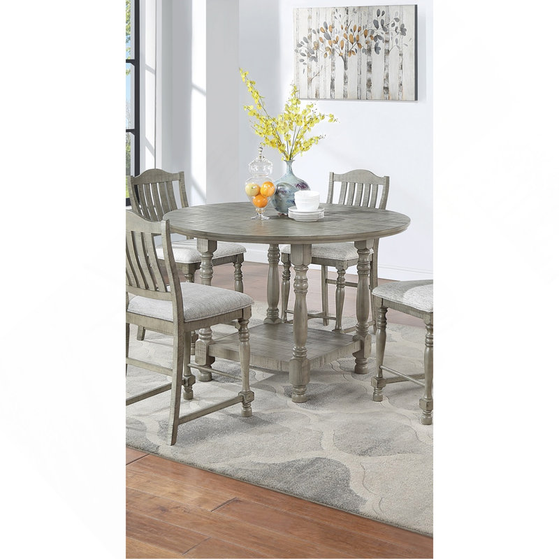 Table de salle à manger 4X Chaises hautes 5Pcs Ensemble de salle à manger à hauteur de comptoir Finition gris clair Mobilier de salle à manger Siège rembourré en tissu moelleux de style contemporain