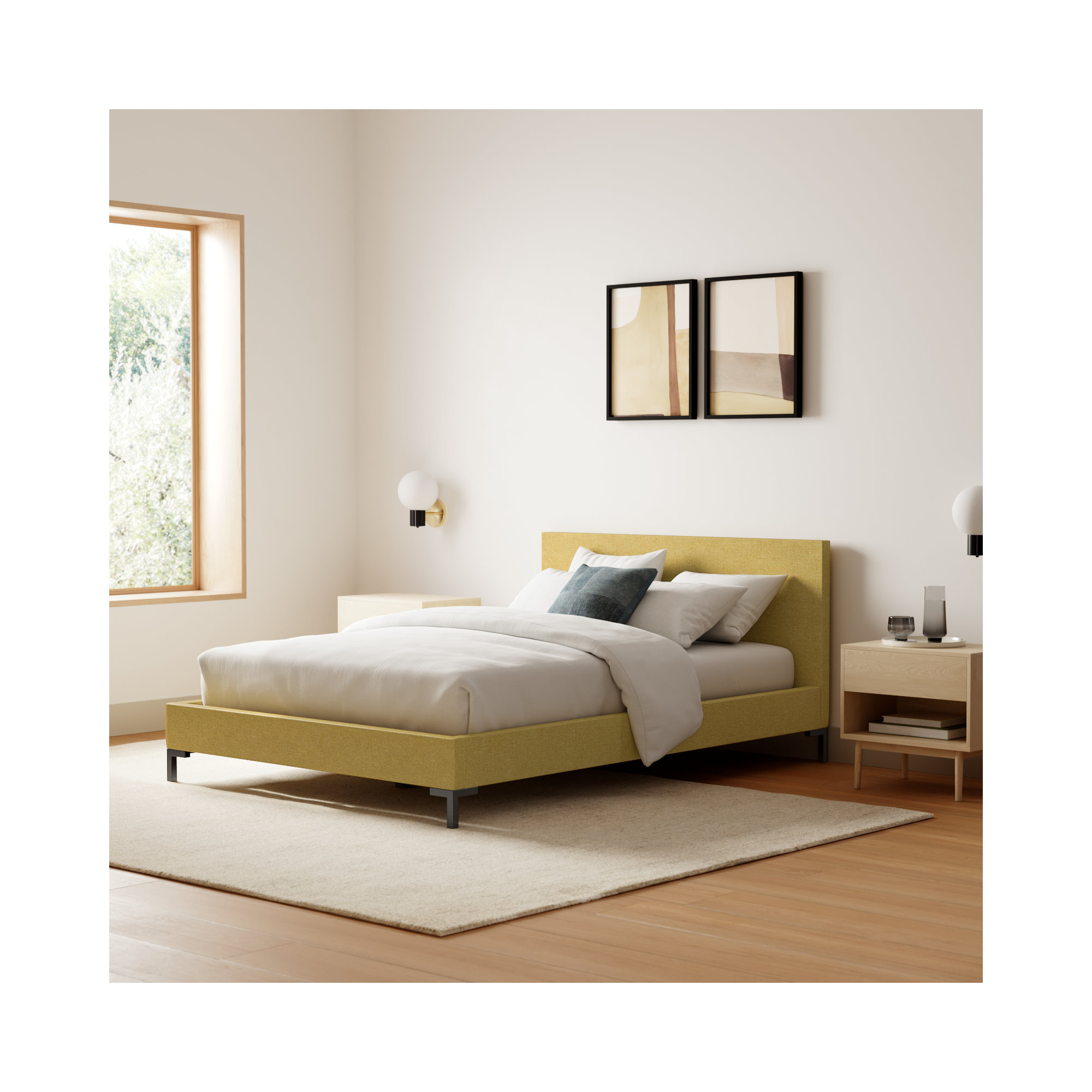 Rand Upholstered Bed, Queen, Zuma Rosequartz Textured Linen, Black Wood