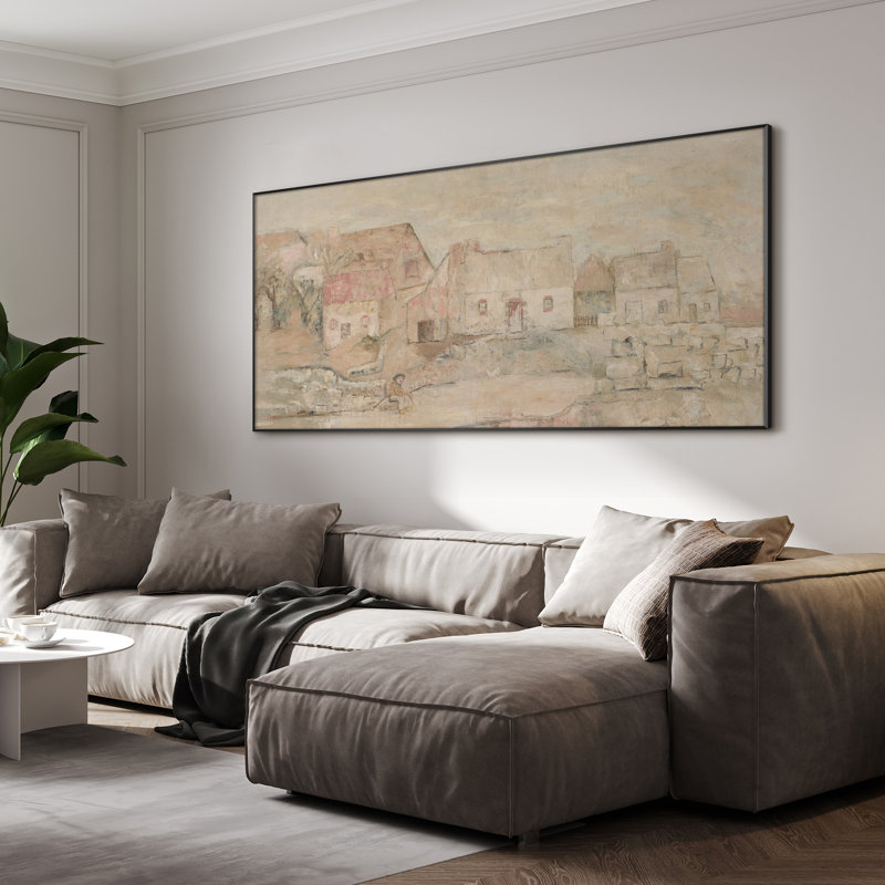 Extra Large Wall Art Fabric Print - Vintage Village Scene Rustic Countryside in Soft Neutral Tones Artwork Decor for Living Room or Bedroom - "Frame Assembly Required (Unfinished Frame)"