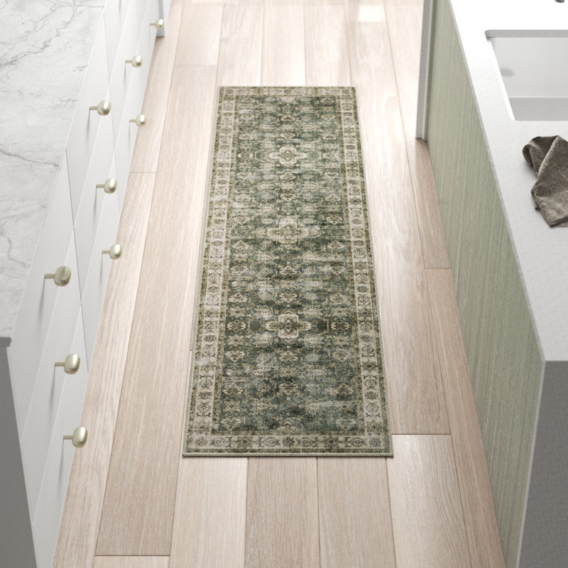 Houtz Machine Washable Non-Slip Green/Gray/Beige Area Rug Mat, Runner 2' x 8'