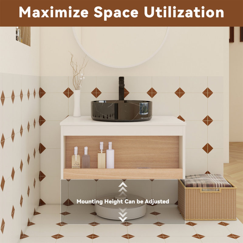 Meuble-lavabo flottant de 30 po avec lavabo vasque en veine de marbre noir, meuble-lavabo mural avec tablette ouverte avec finition en bois
