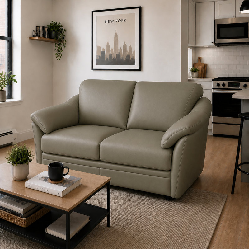 Ramdev Top Grain Leather Loveseat with Top Pillow Arm in Light Gray Color, Light Gray Genuine Leather, Loveseat