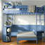 Lit mezzanine double en bois avec bureau, tablette de rangement de chevet, canapé et lumière-131127152