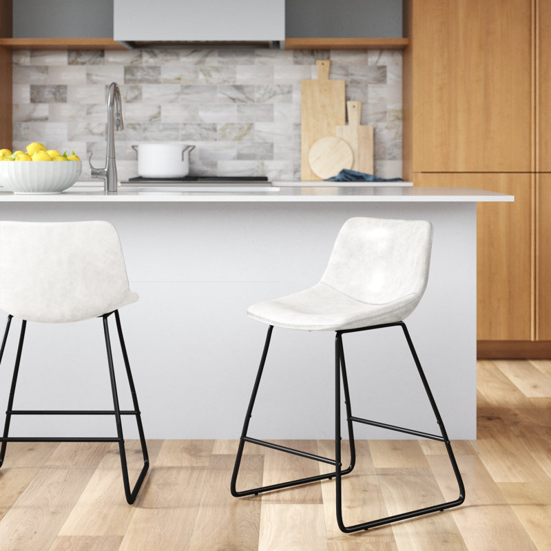 Aiyana Faux Leather Counter Stool with Steel Sled Base (Set of 2), Counter Stool (26” Seat Height), White