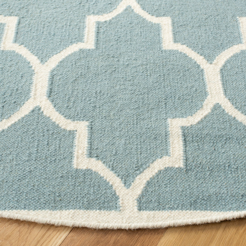Rodgers Hand Woven Flat Weave Wool/Cotton Geometric Rug in Light Blue/Ivory, Rectangle 5' x 8'