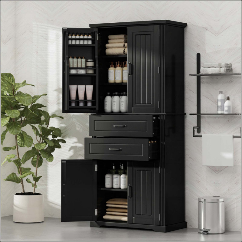 Armoire de rangement avec espace de rangement multifonctionnel, portes avec tablettes de rangement, 2 tiroirs, tablette réglable