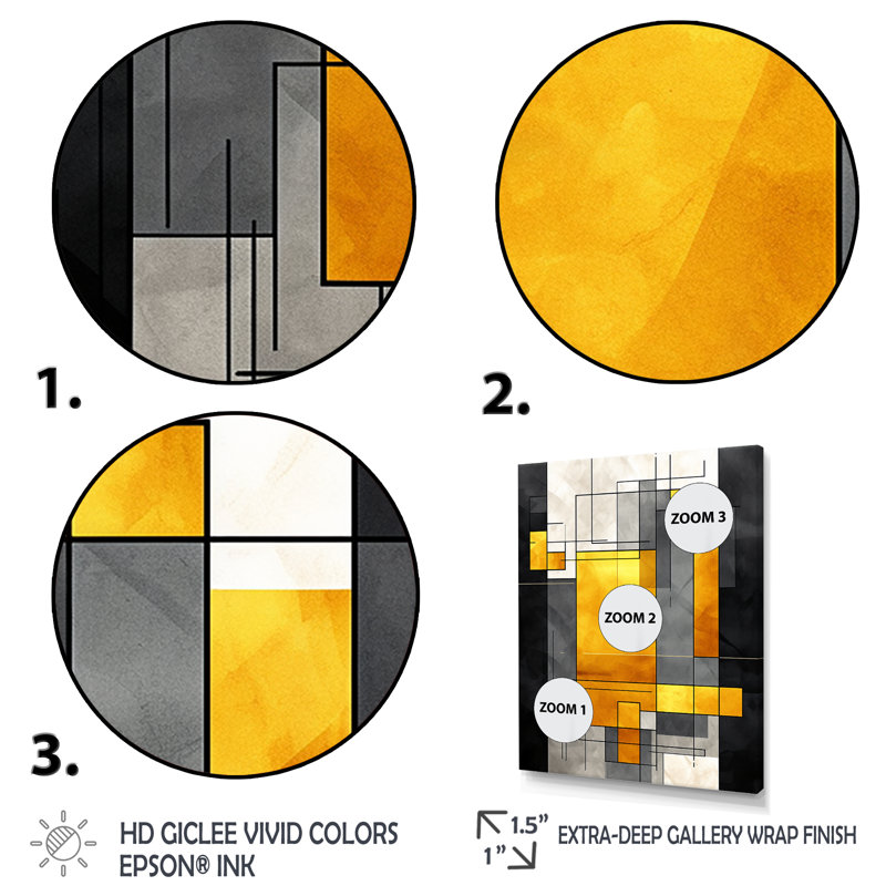 Jaune et gris fusion géométrique 2 - art mural géométrique, Cadre flottant noir, H 20 po x l 12 po x P 1 po