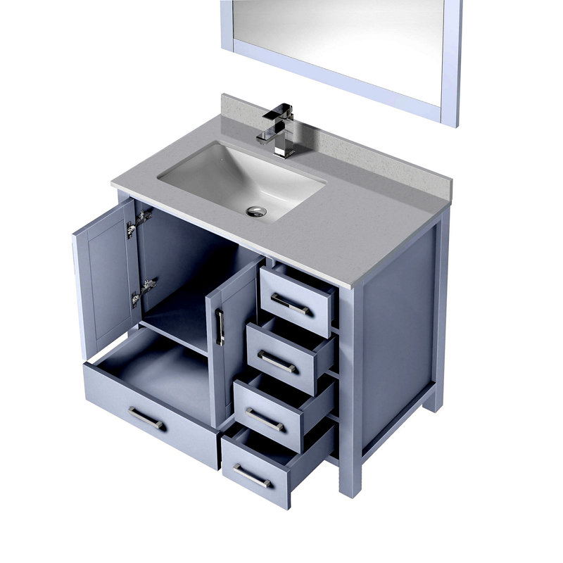 Meuble-lavabo 36 po X P 22 po D, dessus en quartz blanc décalé à gauche, ensemble de robinet et Miroirs, Blanc