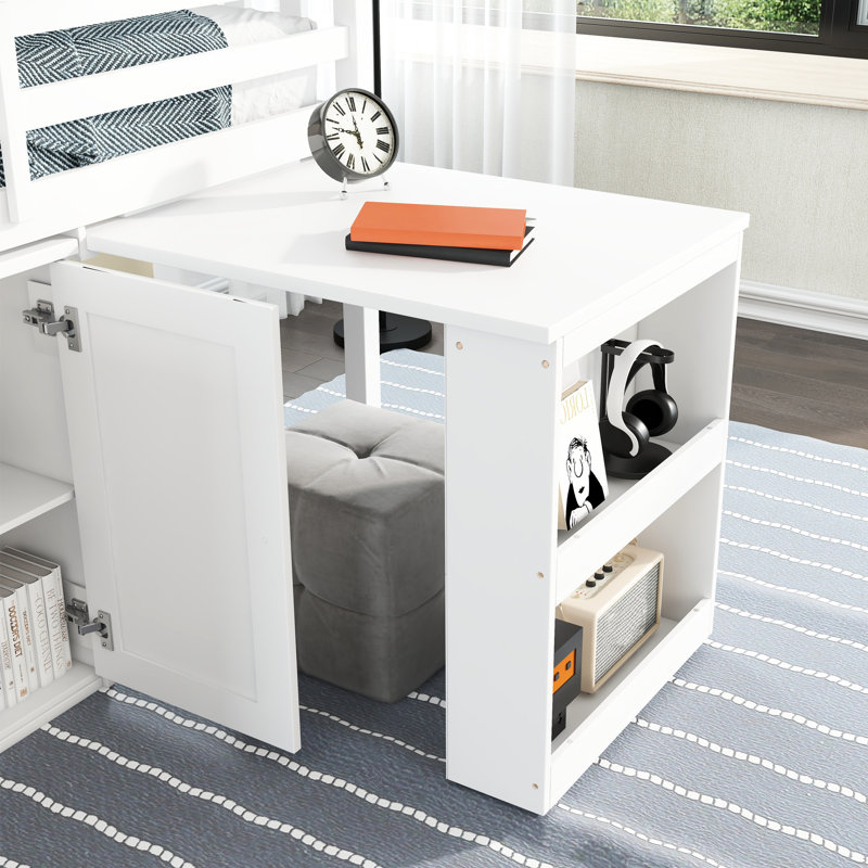 Lit mezzanine simple avec extérieur blanc et espace de rangement - Armoire, tiroir, tablette, coffre-fort de bureau escamotable multifonctionnel
