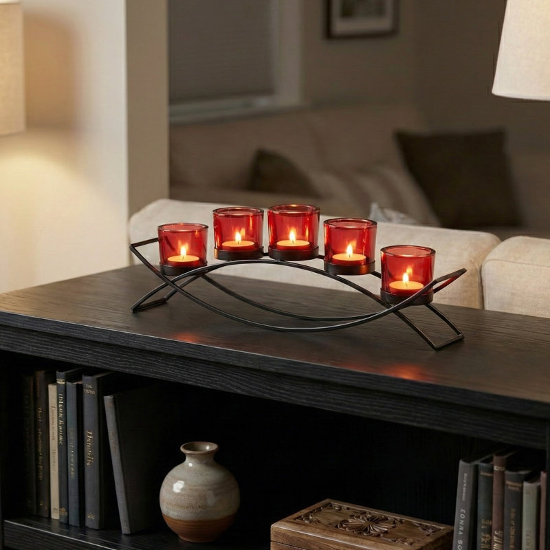 Iron Arch Candle Holder Table Centerpiece, Black/Red