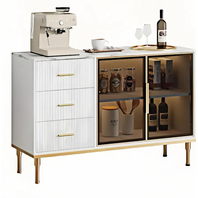 Buffet buffet cannelé de 46,4 po avec plateau en faux marbre, grande cuisine, rangement de salle à manger avec 2 portes en verre, 3 tablettes réglables, rehausse de salon moderne