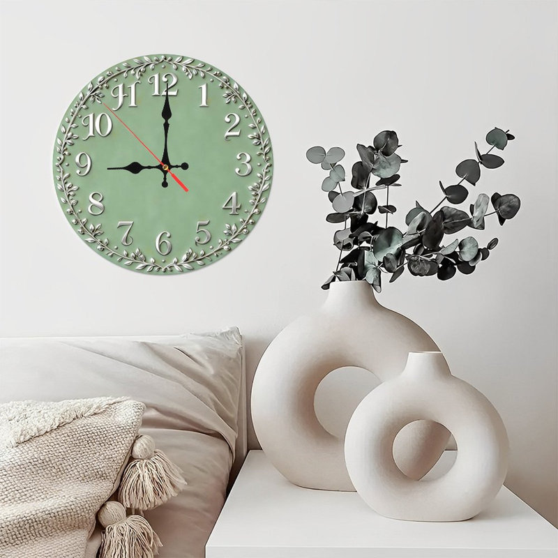 Horloge murale ronde en bois 10 po, mouvement à quartz silencieux, imprimé UV, à piles, Vert sauge