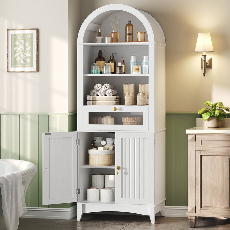 66.2" Tall Arched Bathroom Storage Cabinet with Flip Drawer and Shelves, White