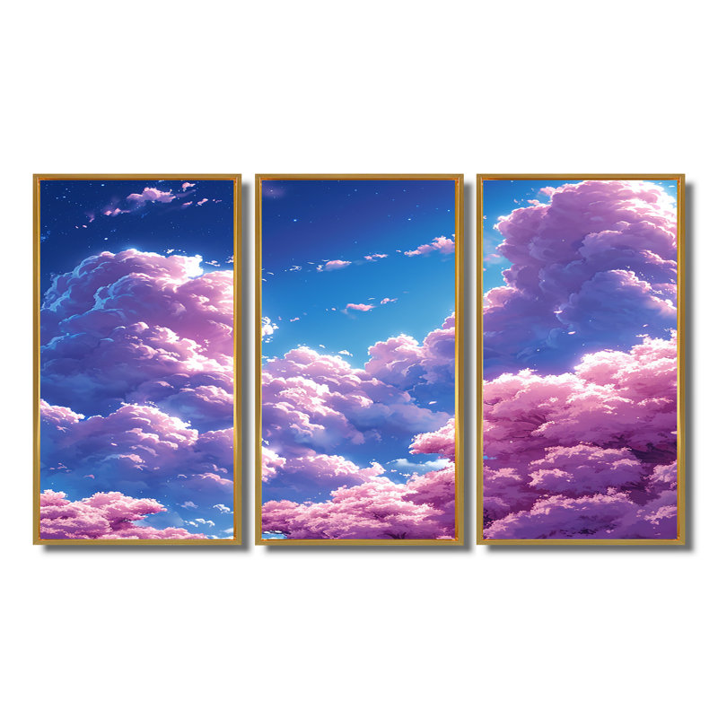 Ensemble de salon art mural nuage rose, Cadre flottant doré, H 40 po x l 60 po x P 1 po