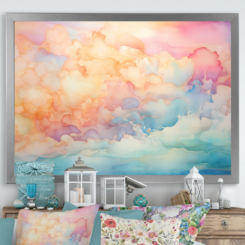 «Clouds Sunrise Alhanol Ink Landscape I - Clouds», reproduction sur toile, Cadre simple argenté, H 16 po x l 32 po x P 1 po