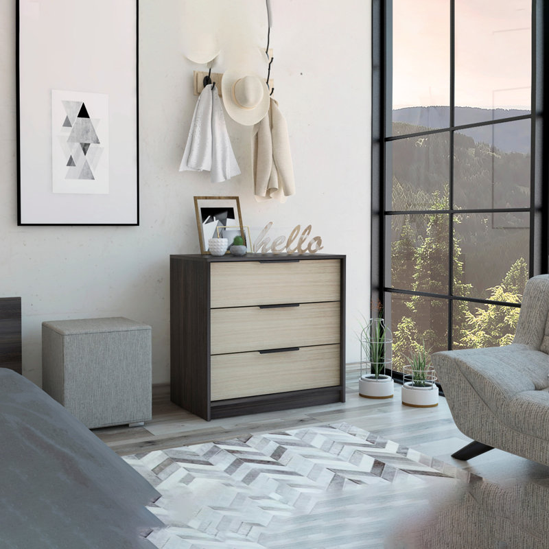 Commode 3 tiroirs Kaia, plateau supérieur, Noir/chêne