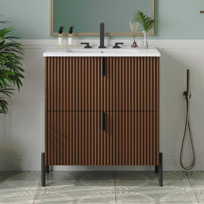 Meuble-lavabo de 30 po avec lavabo en céramique, autoportant, poignées verticales + tiroirs pleine extension, conception cannelée, glissières de tiroir à fermeture en douceur