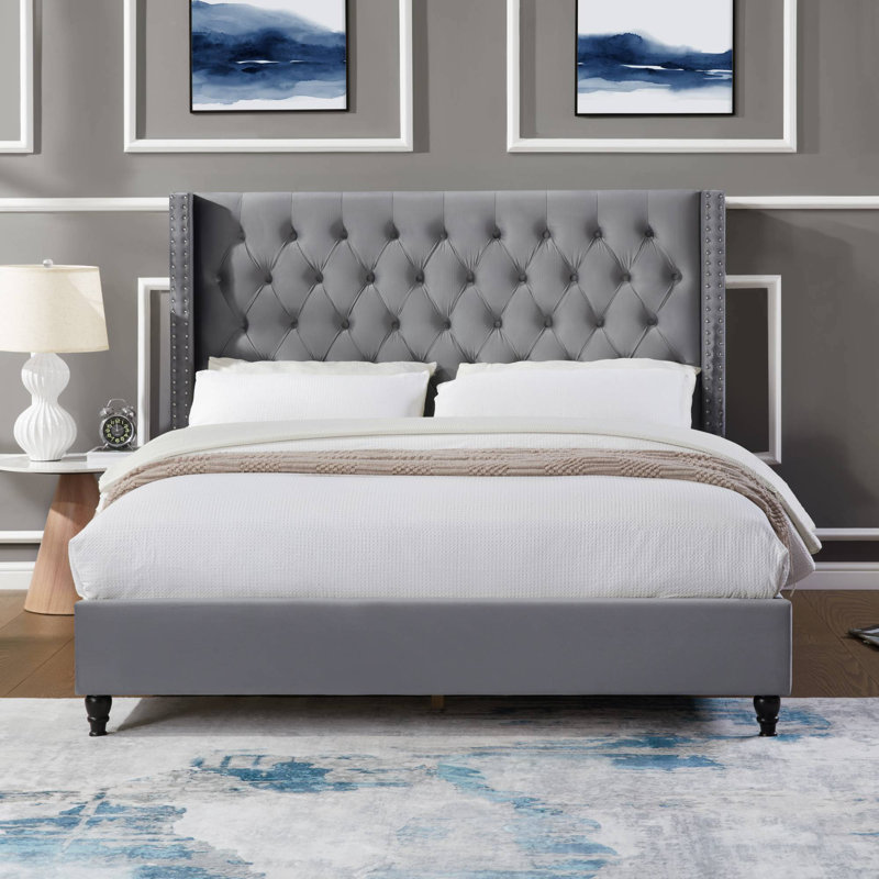 Elegant Upholstered Platform Bed with Wingback Design and Tufted Headboard, Queen