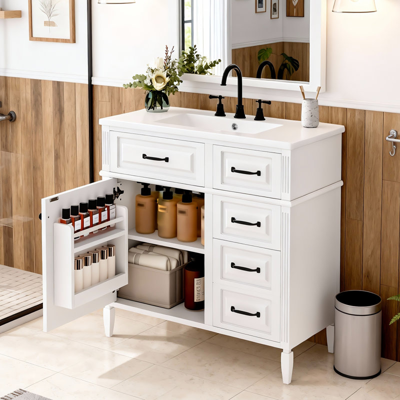 36" Freestanding Bathroom Vanity - Ceramic Sink Top,Solid Wood Frame & Mdf Cabinet With Flip Drawer Design, Black, White