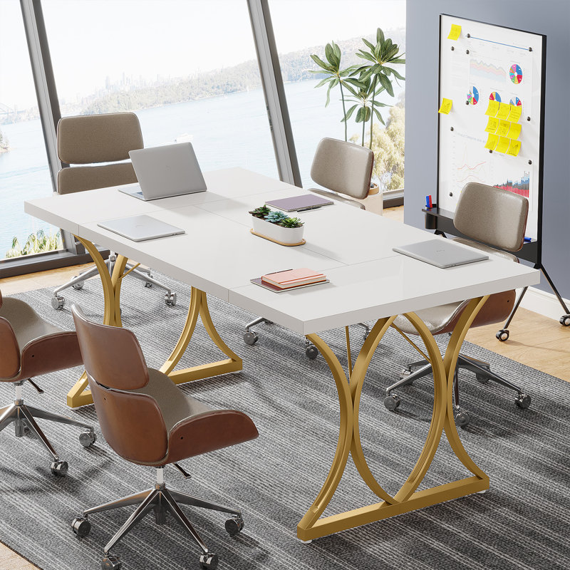 Rectangle 160cm L Computer Table, White/Gold