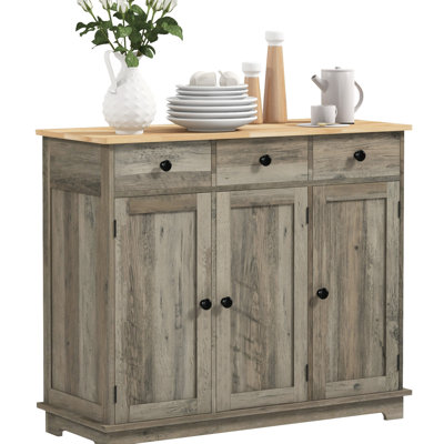 Storage Cabinet With Shelf - Gray, Solid Wood Countertop, 3 Drawers, Doors, Adjustable Gray Sideboard A Must-Have For Kitchen Of Plates, Pots, Pans, Utensils, Napkins